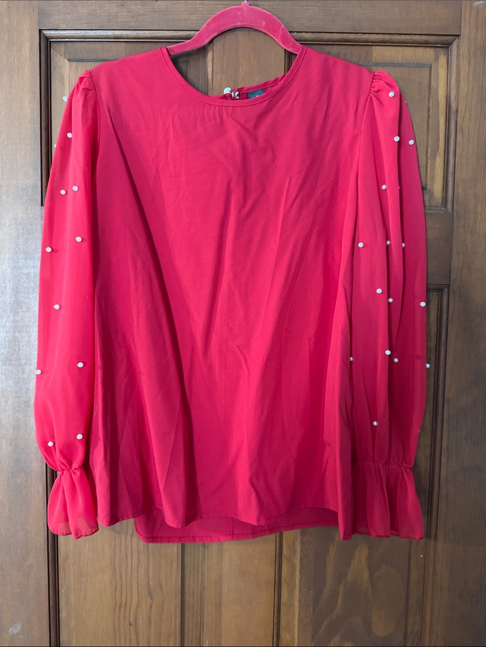 Women's Red Pearl-Accent Long Sleeve Blouse